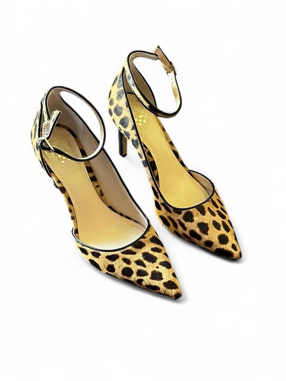 Vince Leopard Print Ankle-Strap Pointed Toe Pumps - Tan & Black